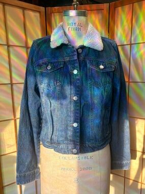 l.e.i. Sherpa Collar Plaid Flannel Lined Denim Trucker Jacket Y2K Junior L